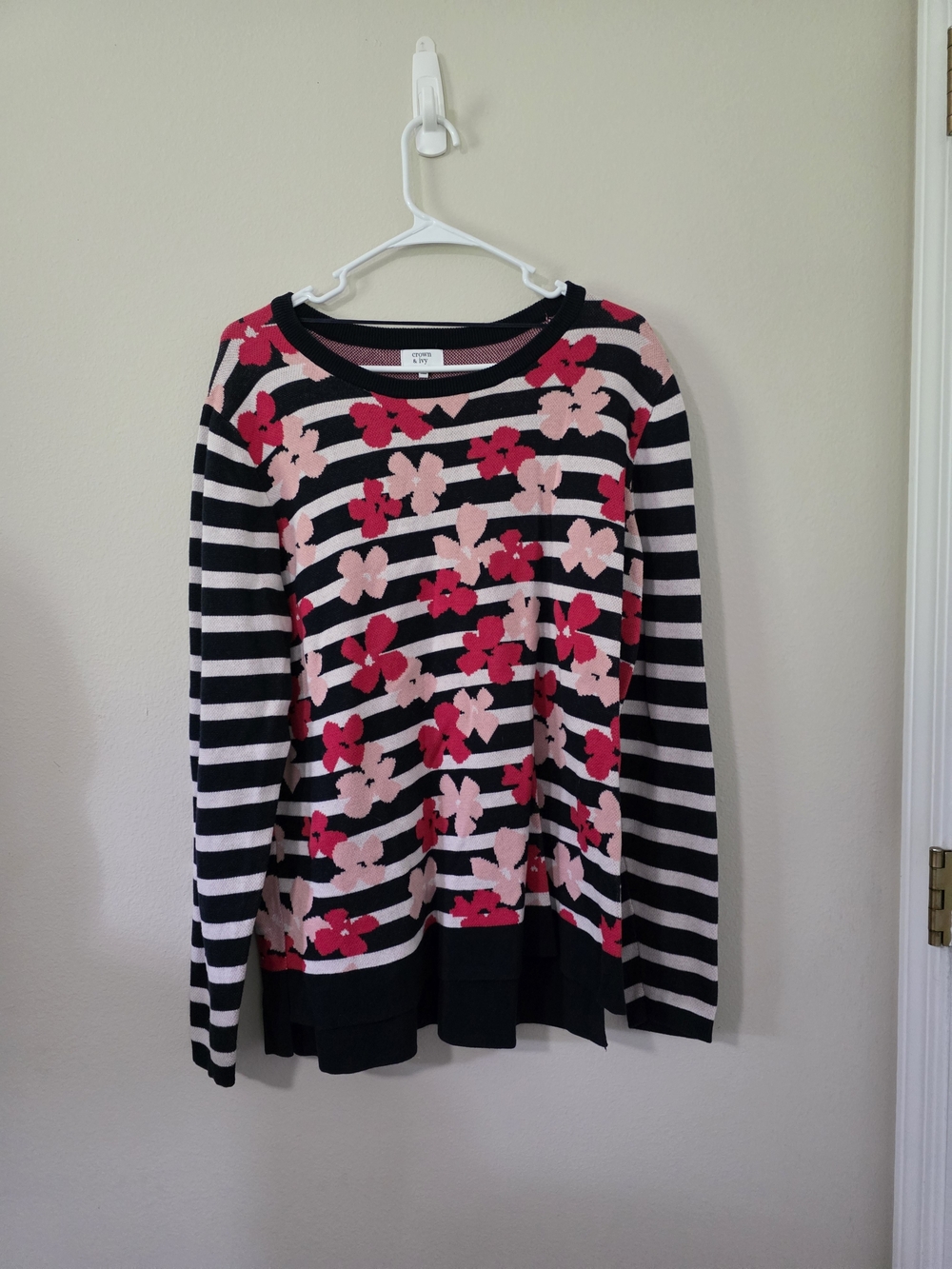 crown & ivy Black and White Striped Sweater with Pink Floral Print